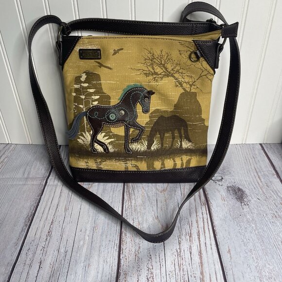 Chala Safari Horse Canvas Crossbody Bag Purse Brown - Picture 1 of 15